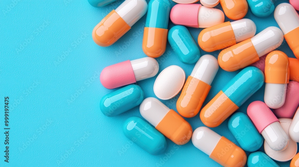 Colorful Capsules and Pills on Blue Background Medical Healthcare Pharmacy Concept Colorful Capsules and Pills on Blue Background Medical Healthcare Pharmacy Concept