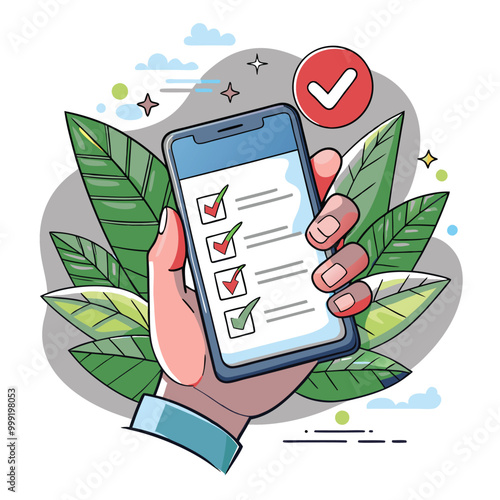 A hand holds a smartphone with a checklist app open on the screen. The app displays a list of items, some of which are checked off with green checkmarks