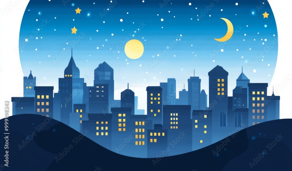 Night Cityscape Vector Illustration: Stars, Moon, and Simple Buildings in a Blue Palette Night Cityscape Vector Illustration: Stars, Moon, and Simple Buildings in a Blue Palette
