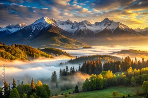 Misty Mountain Valley awakens to Vibrant Dawn, as golden light creeps over snow-capped peaks, casting long shadows and illuminating the lush greenery, atmosphere tranquil and mystical.