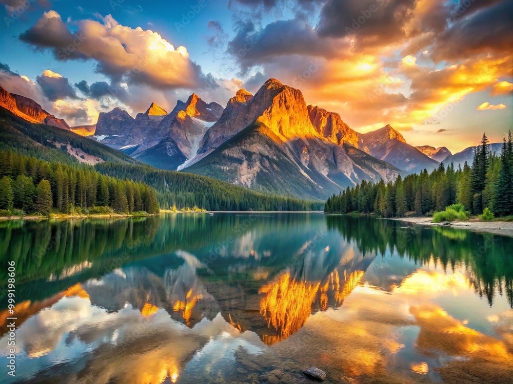 Tranquil morning scene featuring a majestic mountain lake bathed in warm golden hour light reflecting off the water's surface amidst towering peaks and a radiant sky. Tranquil morning scene featuring a majestic mountain lake bathed in warm golden hour light reflecting off the water's surface amidst towering peaks and a radiant sky.