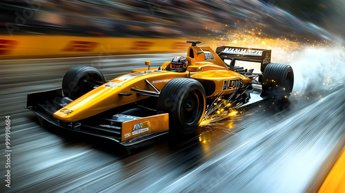 Race Car Speeds Through a Wet Track with Sparks Flying