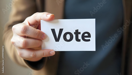 A Person Holding a White Card with the Word "Vote" Written on It in Bold Black Letters