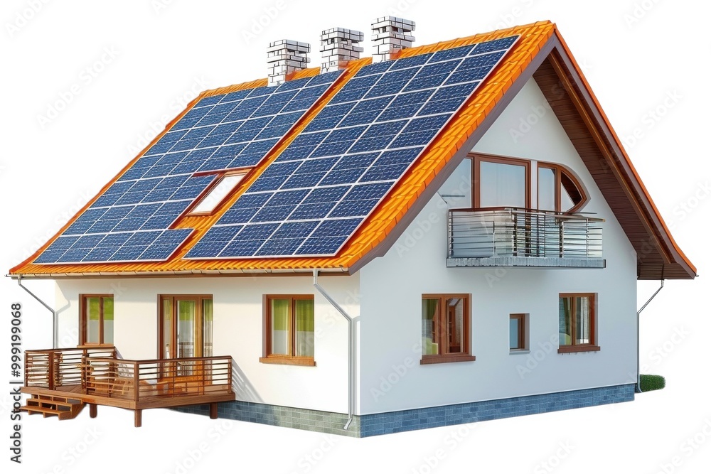 Modern house with solar panels on sunny rooftop Modern house with solar panels on sunny rooftop