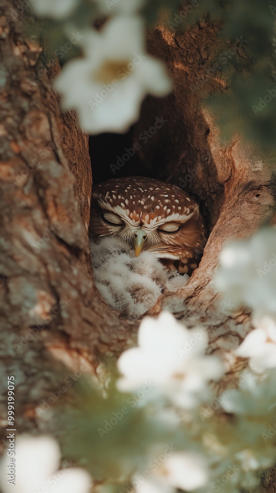 Obraz premium A serene image of a sleeping owl nestled comfortably inside a tree hollow surrounded by soft, blooming flowers.