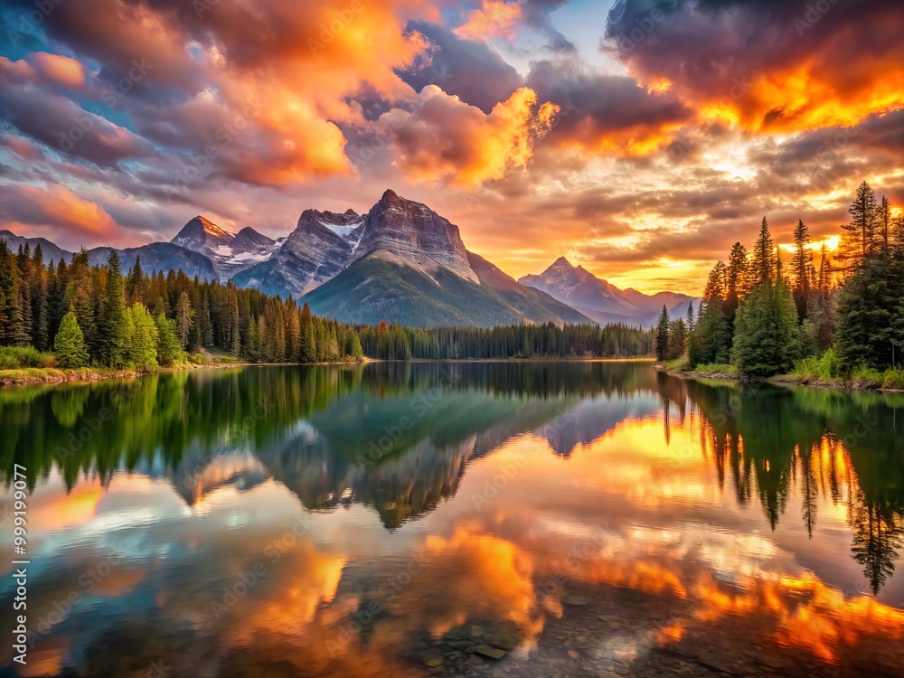 Tranquil Mountain Lake scene features a breathtaking sunrise with vibrant warm colors reflecting off the water's surface and contrasting with the surrounding peaks and sky Tranquil Mountain Lake scene features a breathtaking sunrise with vibrant warm colors reflecting off the water's surface and contrasting with the surrounding peaks and sky