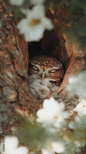 A serene image of a sleeping owl nestled comfortably inside a tree hollow surrounded by soft, blooming flowers.