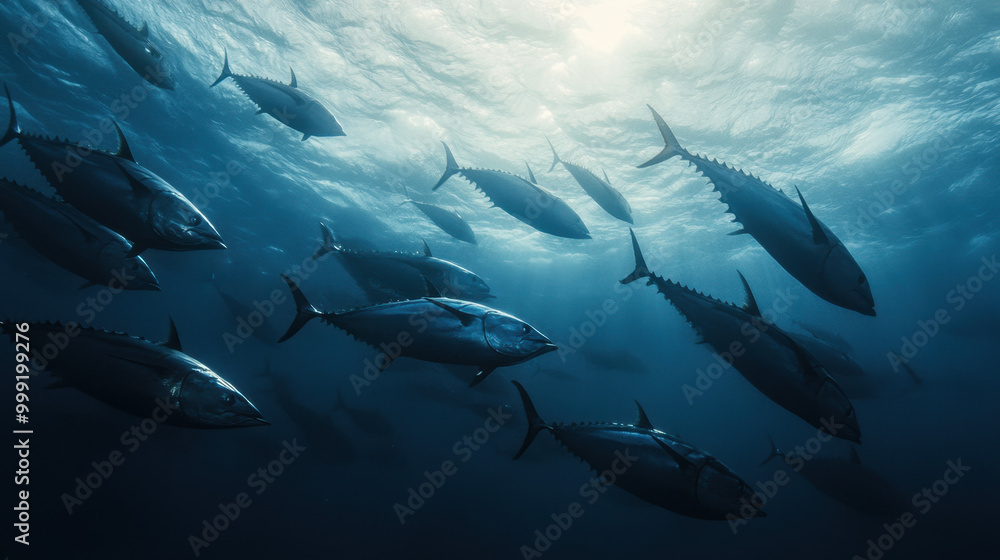 Obraz premium A school of large bluefin tuna swimming in deep, dark blue waters with sunlight filtering through the surface.