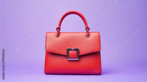 A vibrant red lady's handbag with a bold buckle, isolated on a soft pastel purple background