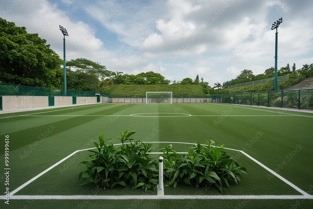 Obraz premium Lush Vegetation on a Soccer Pitch in an Unoccupied Athletic Venue