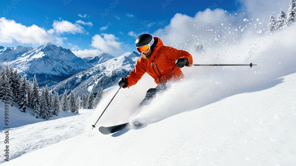 Skier Carving Down Powder Slope in Majestic Mountains Winter Sports Adventure Skier Carving Down Powder Slope in Majestic Mountains Winter Sports Adventure