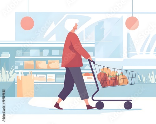 A senior person walking with a shopping cart filled with groceries in a bright and modern supermarket setting. photo