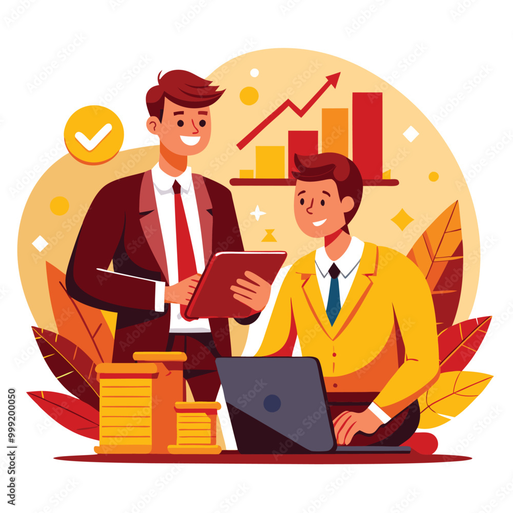 Two business partners are working together at a desk. One man is holding a tablet and pointing to a chart showing a positive upward trend, while the other man is working on a laptop Two business partners are working together at a desk. One man is holding a tablet and pointing to a chart showing a positive upward trend, while the other man is working on a laptop
