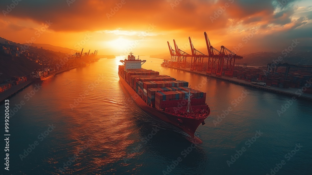 Cargo ship approaches a bustling port at sunset, greeted by automated cranes preparing for unloading operations Cargo ship approaches a bustling port at sunset, greeted by automated cranes preparing for unloading operations