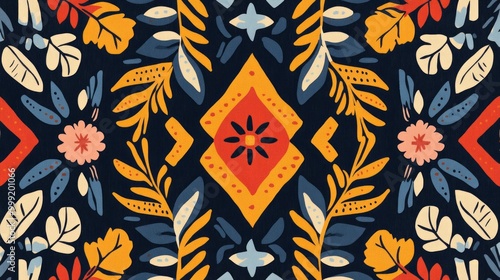 Abstract floral pattern with a symmetrical design in vibrant colors on a dark background. photo