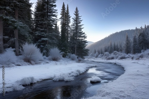 Breathtaking Winter Scenery Featuring Evergreen Trees and a Icy Stream