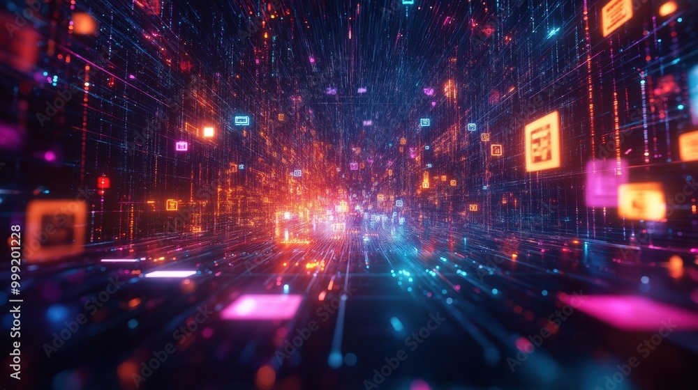 A vibrant digital storm with neon data lines and glowing symbols swirling in a futuristic, high-tech landscape of colors A vibrant digital storm with neon data lines and glowing symbols swirling in a futuristic, high-tech landscape of colors
