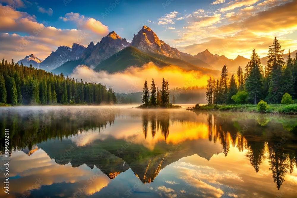 Sunrise Over Mountains calm lake mirrors breathtaking scenery of majestic peaks bathed in warm golden light with misty fog hovering above water's surface and lush greenery in the foreground. Sunrise Over Mountains calm lake mirrors breathtaking scenery of majestic peaks bathed in warm golden light with misty fog hovering above water's surface and lush greenery in the foreground.