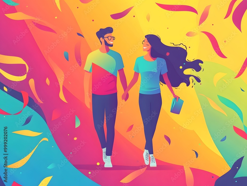 A vibrant illustration of a couple walking hand in hand, surrounded by colorful confetti and a lively background. A vibrant illustration of a couple walking hand in hand, surrounded by colorful confetti and a lively background.