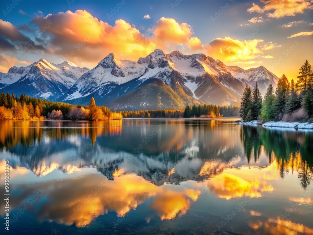 Tranquil lake majestically reflects snow-capped mountains towering above, as soft golden hour light casts an ethereal glow, emphasizing expansive horizons and majestic scenery. Tranquil lake majestically reflects snow-capped mountains towering above, as soft golden hour light casts an ethereal glow, emphasizing expansive horizons and majestic scenery.