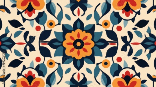 Colorful floral pattern with symmetrical design.