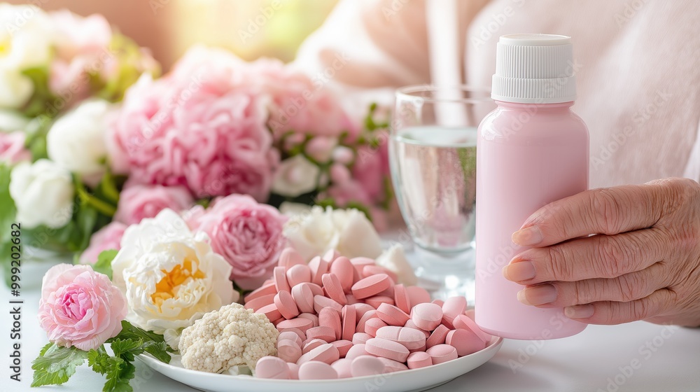 Elder's hands gently hold a bottle of multivitamins beside a table adorned with nourishing food and refreshing water Elder's hands gently hold a bottle of multivitamins beside a table adorned with nourishing food and refreshing water