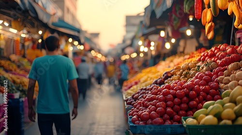 Bustling marketplace at twilight, vibrant stalls glowing with rich reds and yellows, midangle, lively atmosphere, warm lighting, scattered reflections, culturally diverse photo