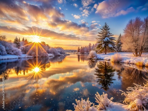 The rising sun's gentle rays bring forth rich colors and striking contrasts, casting a serene ambiance as snowflakes glisten, reflected in a lake's mirror-like calmness.