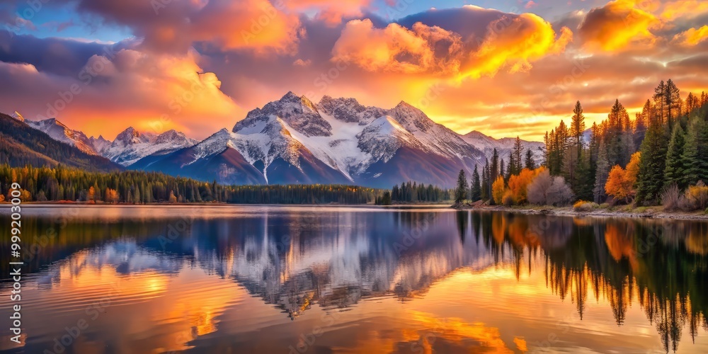 Fototapeta premium Calm lake reflects the majestic snow-capped mountains, bathed in the warm, golden light of dawn, with the sky ablaze in hues of pink, orange, and purple.