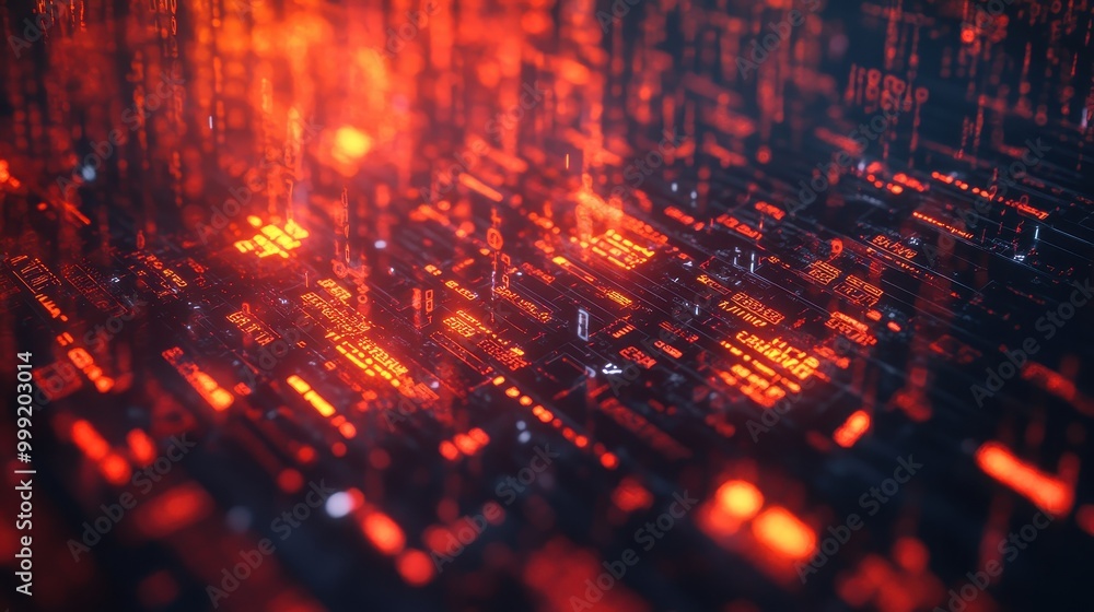 Obraz premium Abstract Red and Black Digital Circuit Board Texture with Glowing Lights - Futuristic Technology Background.