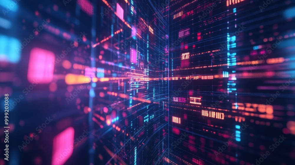 Fototapeta premium Abstract Digital Data Flow - Neon Blue and Pink Grid Lines in Dark Background.