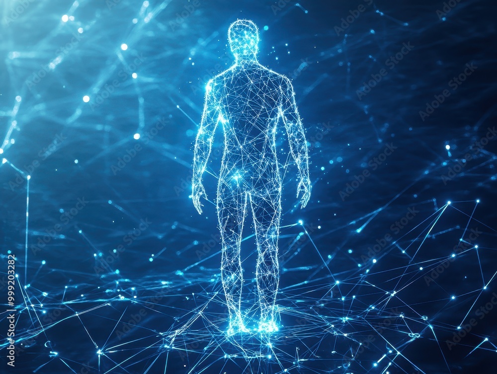 © ProStockGallery - Abstract Human Figure Constructed from Glowing Lines and Points on Blue Background - Digital Art, Technology, Futuristic Concept.