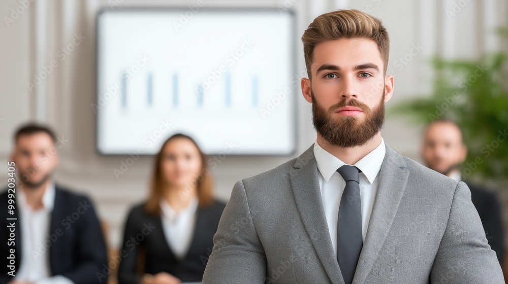 A confident employee presents data insights in a modern conference room to engaged colleagues during an important business meeting A confident employee presents data insights in a modern conference room to engaged colleagues during an important business meeting