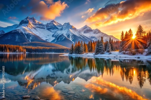 Snow-Capped Mountains tower above a peaceful lake where the rising sun's warm rays create a dichotomy of warm and cold hues showcasing the drama of the winter landscape.