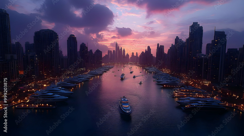 Fototapeta premium Stunning City Skyline with Yachts at Sunset
