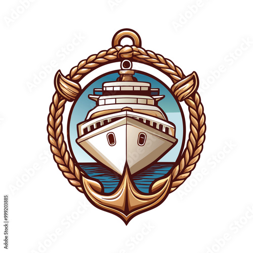 Illustration of an elegant cruise ship in a rope border with an anchor at the bottom.