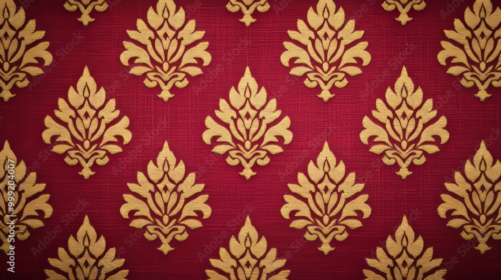 Seamless pattern of golden floral design on a red fabric background. Seamless pattern of golden floral design on a red fabric background.