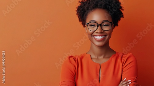 Smiling Woman in Orange Top with Afro Hairstyle