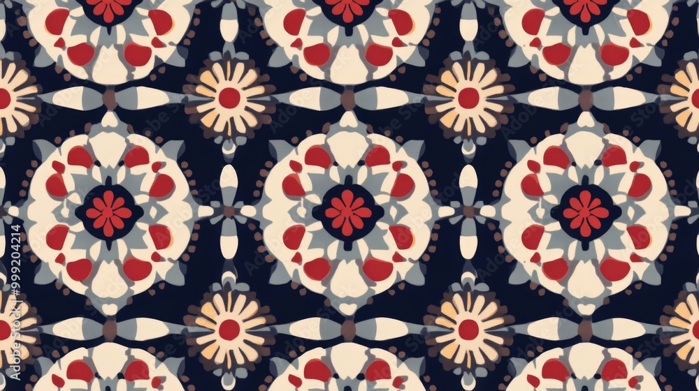 Seamless pattern with geometric floral design in red, blue, and white on a navy background. Seamless pattern with geometric floral design in red, blue, and white on a navy background.
