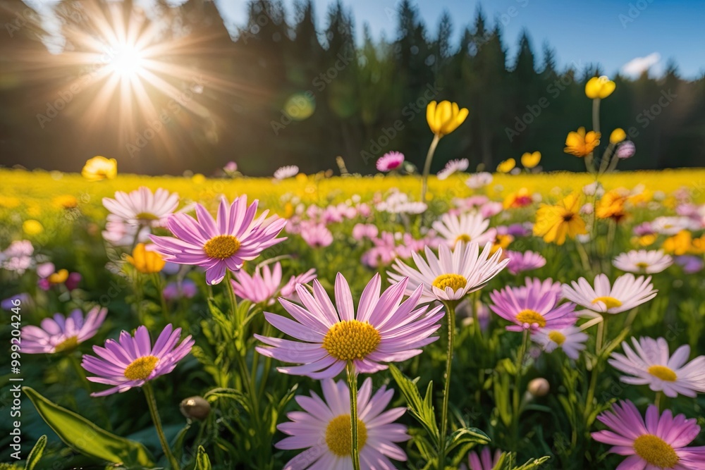 Obraz premium Stunning Macro Photography of Sunlit Floral Meadow Showcasing Spring Beauty