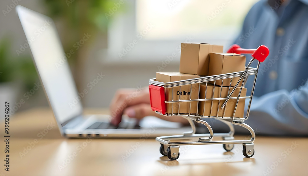 Miniature Shopping Cart Filled with Cardboard Boxes in Front of a Laptop Miniature Shopping Cart Filled with Cardboard Boxes in Front of a Laptop