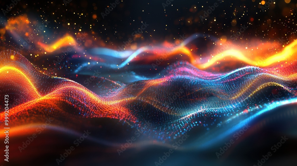 Obraz premium Abstract Digital Landscape with Wavy Lines, Red and Blue Lights, and Glowing Particles - Futuristic Technology Background