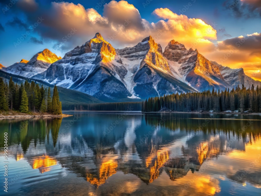 Mountains majestically rise from the serene lake's edge, bathed in warm golden light as morning sunbeams dance across the snow-covered peaks, creating a symphony of textures and contrasts. Mountains majestically rise from the serene lake's edge, bathed in warm golden light as morning sunbeams dance across the snow-covered peaks, creating a symphony of textures and contrasts.