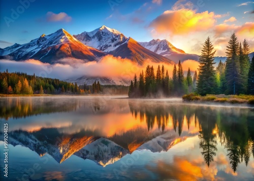 Tranquil lake reflections mirror the snow-capped mountain range, ablaze with vibrant colors, as the first rays of sunlight pierce the morning mist, casting a warm glow on the surrounding landscape.