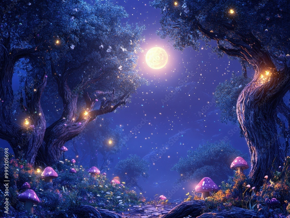 Fototapeta premium Enchanting Forest at Night with Glowing Mushrooms and Full Moon.