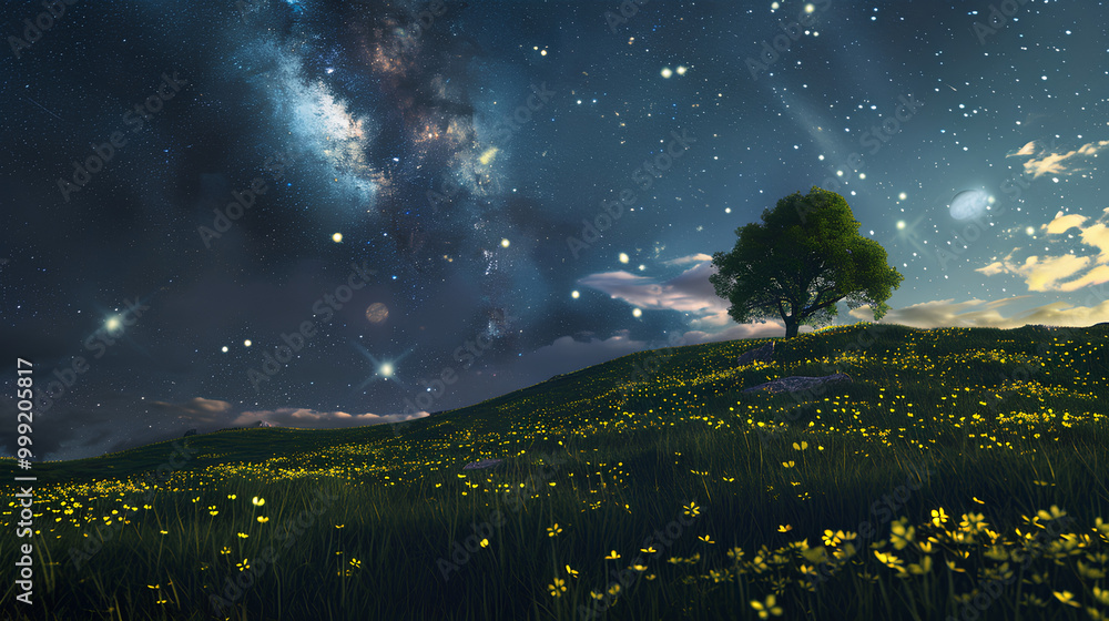 hills with green grass with beautiful stars in the sky hills with green grass with beautiful stars in the sky