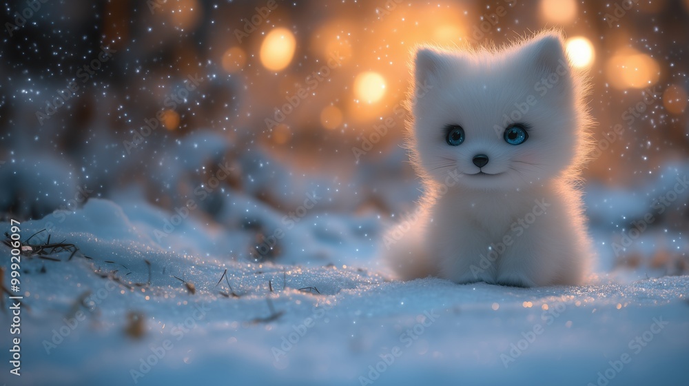 A charming plush arctic fox sitting on snow with a glowing aurora-lit sky at nighttime A charming plush arctic fox sitting on snow with a glowing aurora-lit sky at nighttime