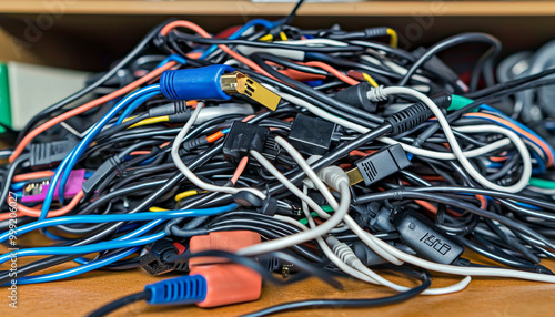 A tangled mess of various electronic cables and wires, showcasing the clutter often found in tech setups.