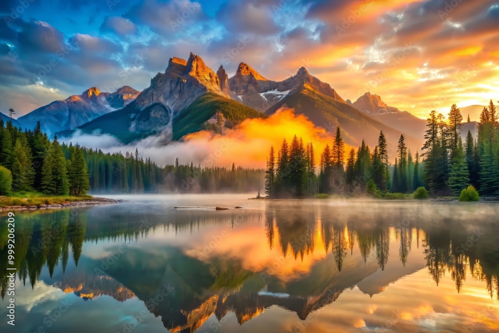Mountain sunrise unfolding with gentle morning fog hovering above tranquil lake waters, set against a backdrop of majestic peaks painted with warm hues of golden hour. Mountain sunrise unfolding with gentle morning fog hovering above tranquil lake waters, set against a backdrop of majestic peaks painted with warm hues of golden hour.