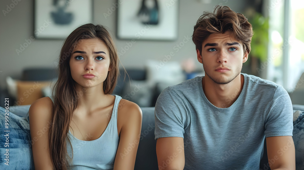 Couple Sitting on a Couch, Looking Sad and Worried Couple Sitting on a Couch, Looking Sad and Worried